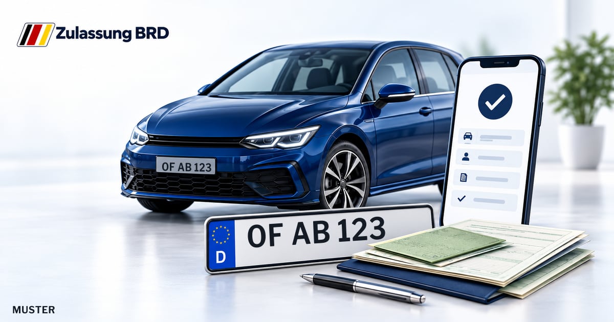 Online Fahrzeugzulassung in Offenbach a. Main: Musterkennzeichen OF AB 123, Auto und Fahrzeugpapiere und Smartphone. Illustration mit Logo von Zulassung BRD.